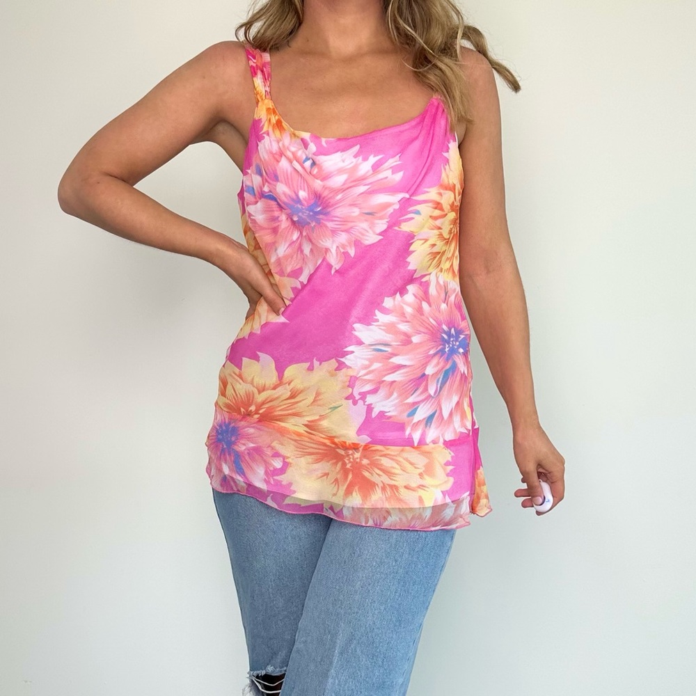 Y2K 100% Silk Pink & Orange Floral Going Out Top (M)
